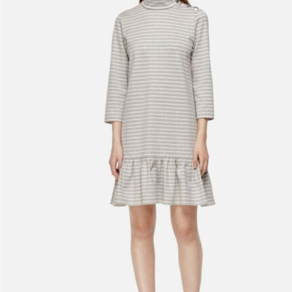 Kate Spade Gray and White Ruffled Mock Neck Dress